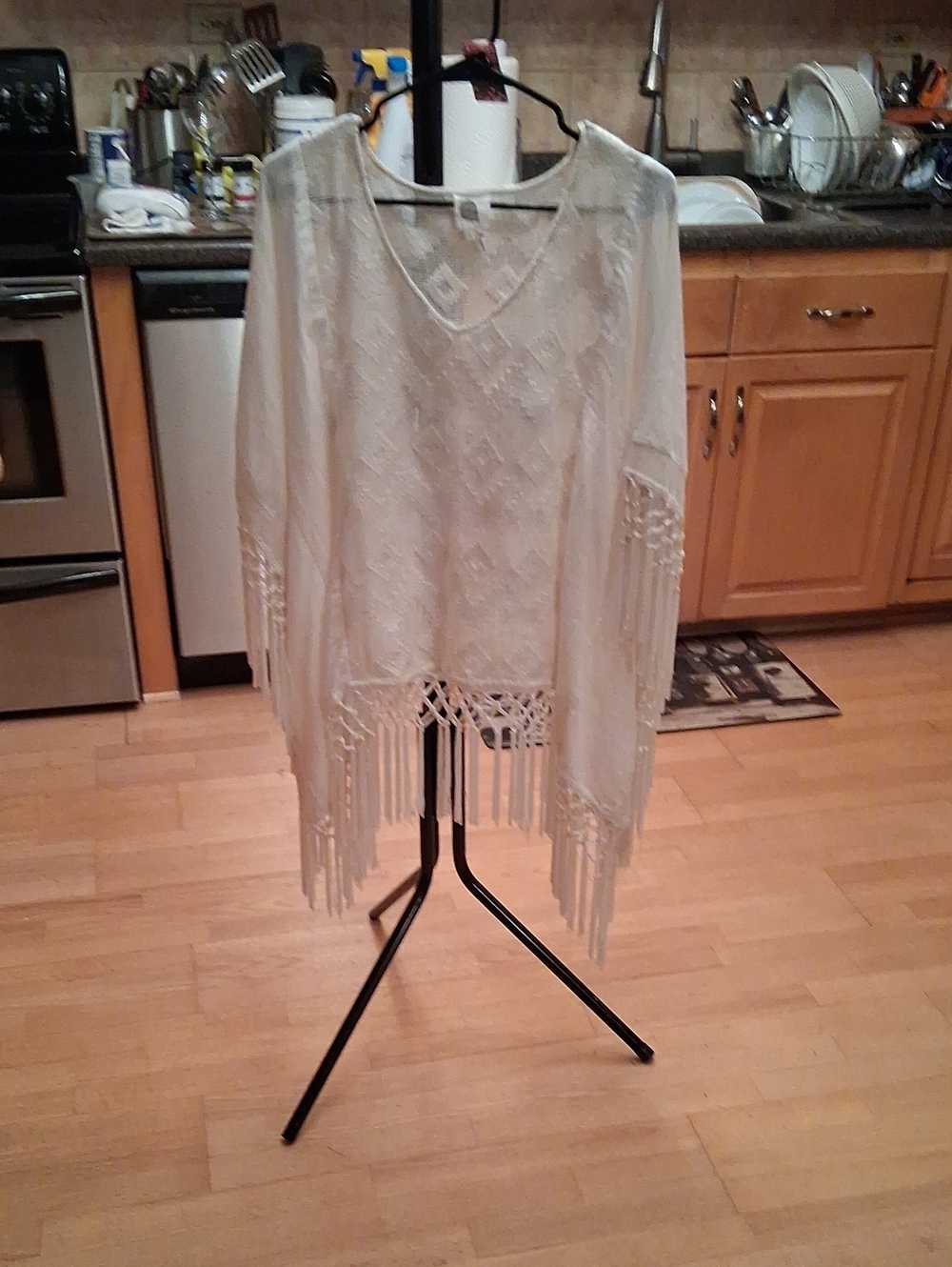 Light Ivory Crochet Fringe Poncho Sweater